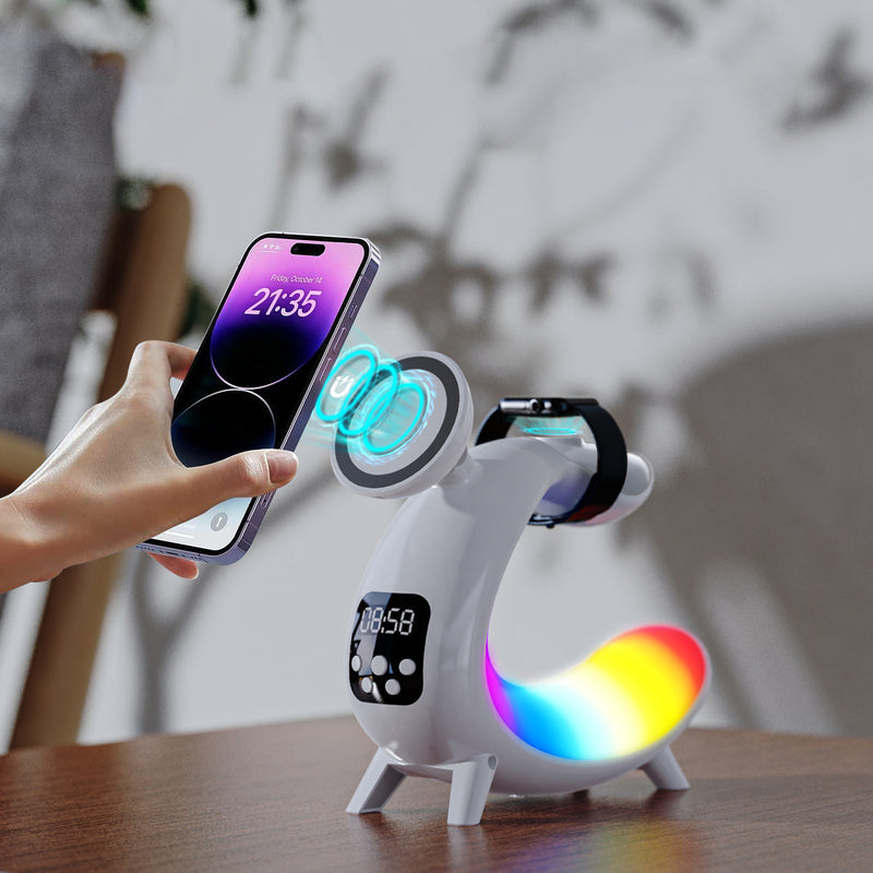 Zeitgenössische kreative Arch Multifunktionslautsprecheruhr ABS LED Tischlampe für das Schlafzimmer 