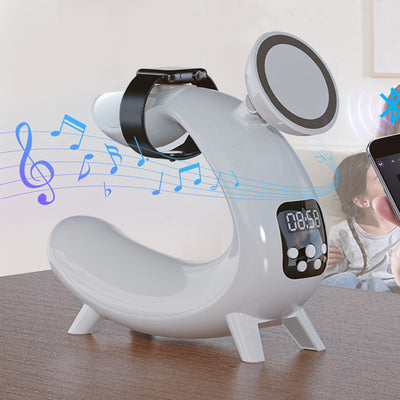 Zeitgenössische kreative Arch Multifunktionslautsprecheruhr ABS LED Tischlampe für das Schlafzimmer 