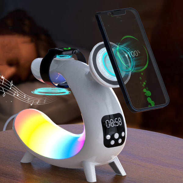 Zeitgenössische kreative Arch Multifunktionslautsprecheruhr ABS LED Tischlampe für das Schlafzimmer 