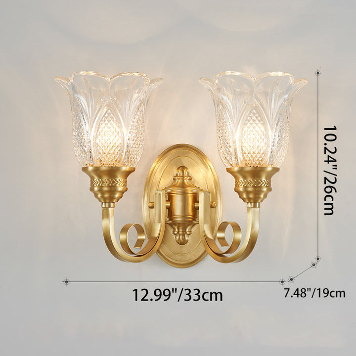 Applique murale contemporaine de luxe en forme de coupe de fleur à poteau incurvé en cuivre et verre 1/2 lumière pour salon 