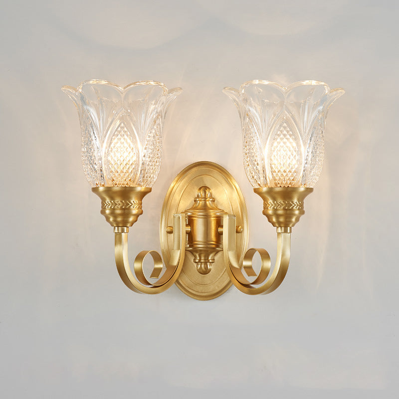 Applique murale contemporaine de luxe en forme de coupe de fleur à poteau incurvé en cuivre et verre 1/2 lumière pour salon 