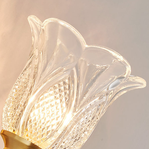 Applique murale contemporaine de luxe en forme de coupe de fleur à poteau incurvé en cuivre et verre 1/2 lumière pour salon 