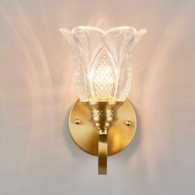 Applique murale contemporaine de luxe en forme de coupe de fleur à poteau incurvé en cuivre et verre 1/2 lumière pour salon 
