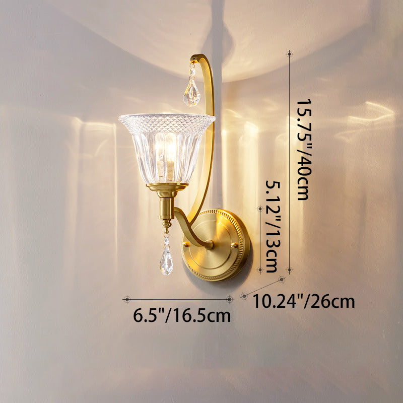 Applique murale contemporaine de luxe en forme de coupe à poteau incurvé en cuivre et verre 1 lumière pour salon 
