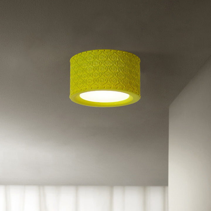 Luz de techo LED montada al ras de acrílico de resina tallada en cilindro redondo francés tradicional para sala de estar 