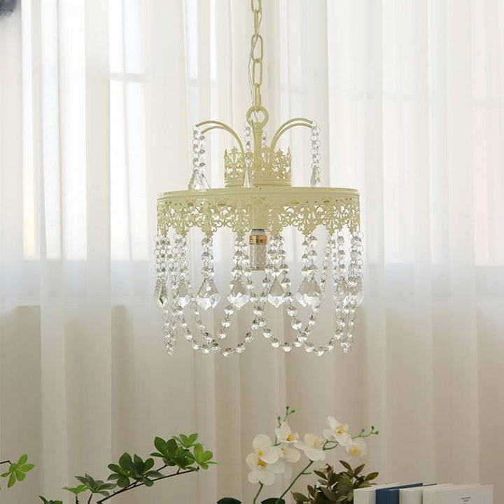 Traditional French Round Branch Crystal String Iron 1-Light Chandelier For Living Room