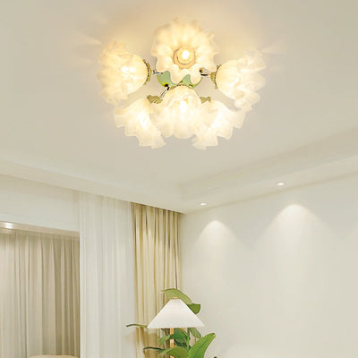 Zeitgenössische kreative Glocken-Orchideenblume Eisen Acryl Schirm 6-Licht Semi-Flush Mount Deckenleuchte für Schlafzimmer 