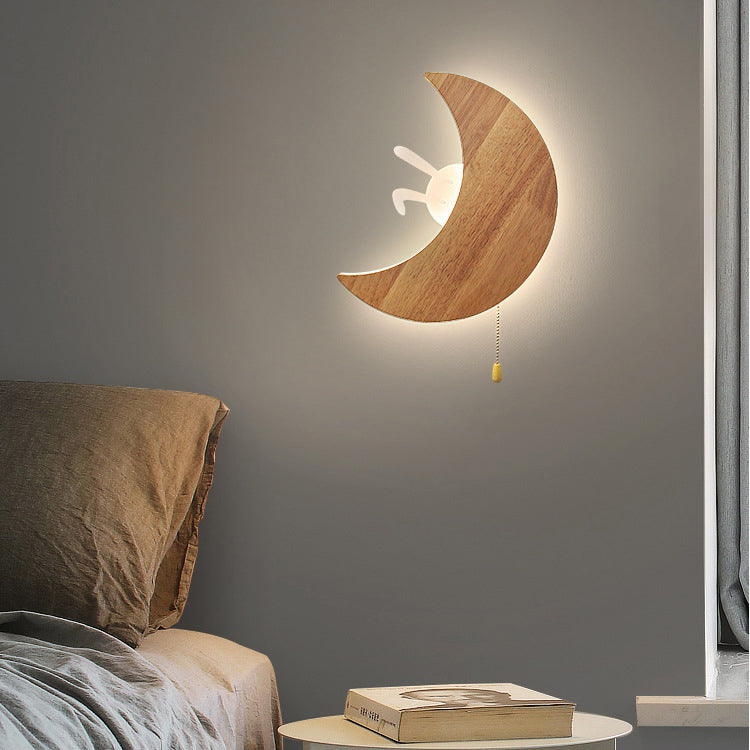 مصباح حائط LED أكريليك خشبي بتصميم أرنب القمر الحديث البسيط لغرفة النوم 