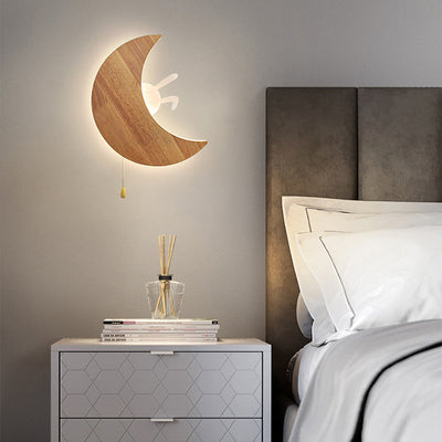 مصباح حائط LED أكريليك خشبي بتصميم أرنب القمر الحديث البسيط لغرفة النوم 