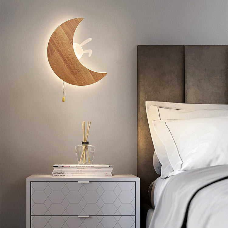 مصباح حائط LED أكريليك خشبي بتصميم أرنب القمر الحديث البسيط لغرفة النوم 