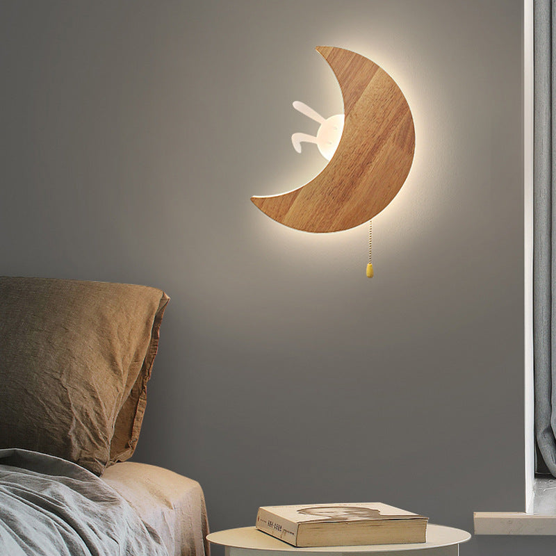 مصباح حائط LED أكريليك خشبي بتصميم أرنب القمر الحديث البسيط لغرفة النوم 