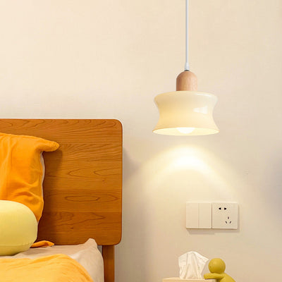 Moderne minimalistische ovale Holzkuppel-Glas-Schirm 1-Licht-Pendelleuchte für Wohnzimmer 