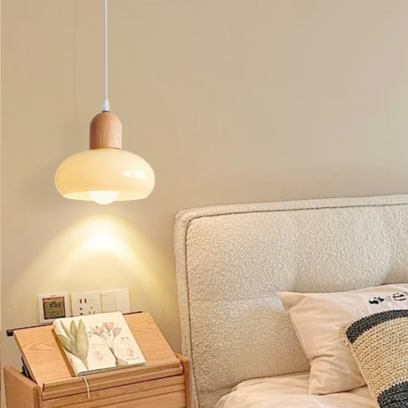 Moderne minimalistische ovale Holzkuppel-Glas-Schirm 1-Licht-Pendelleuchte für Wohnzimmer 