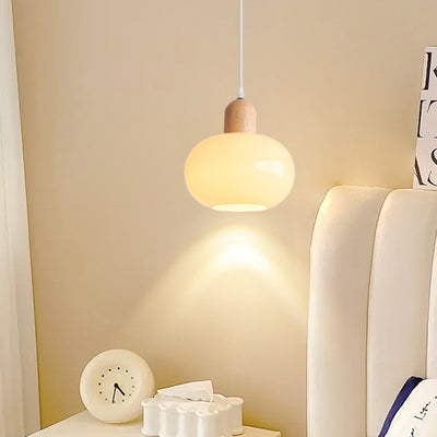 Moderne minimalistische ovale Holzkuppel-Glas-Schirm 1-Licht-Pendelleuchte für Wohnzimmer 
