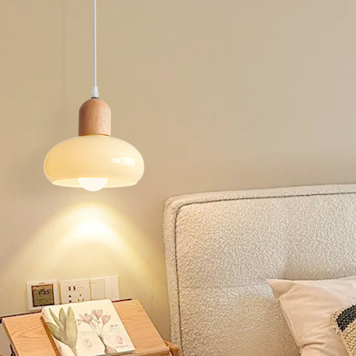 Moderne minimalistische ovale Holzkuppel-Glas-Schirm 1-Licht-Pendelleuchte für Wohnzimmer 