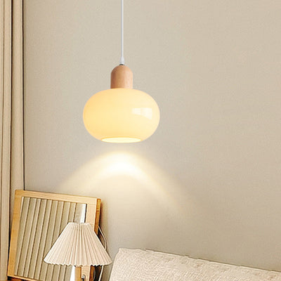 Moderne minimalistische ovale Holzkuppel-Glas-Schirm 1-Licht-Pendelleuchte für Wohnzimmer 