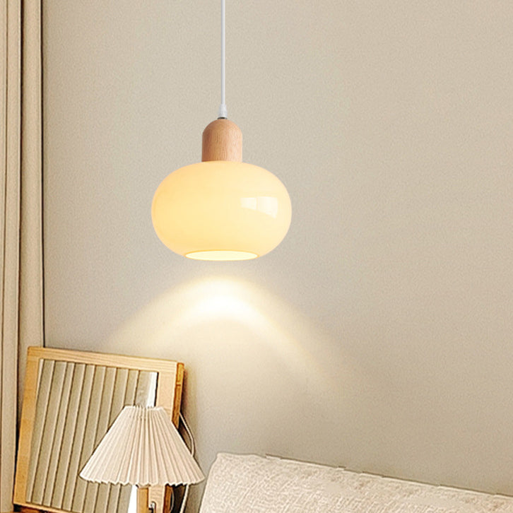Moderne minimalistische ovale Holzkuppel-Glas-Schirm 1-Licht-Pendelleuchte für Wohnzimmer 