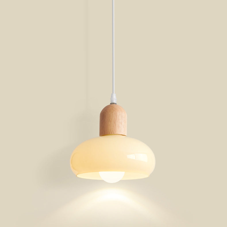 Moderne minimalistische ovale Holzkuppel-Glas-Schirm 1-Licht-Pendelleuchte für Wohnzimmer 