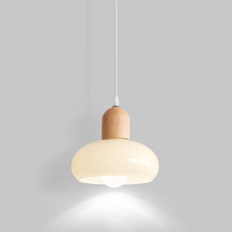 Moderne minimalistische ovale Holzkuppel-Glas-Schirm 1-Licht-Pendelleuchte für Wohnzimmer 