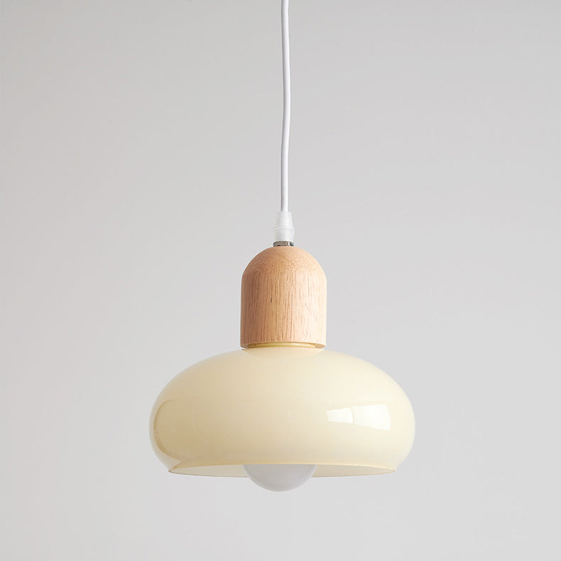 Moderne minimalistische ovale Holzkuppel-Glas-Schirm 1-Licht-Pendelleuchte für Wohnzimmer 