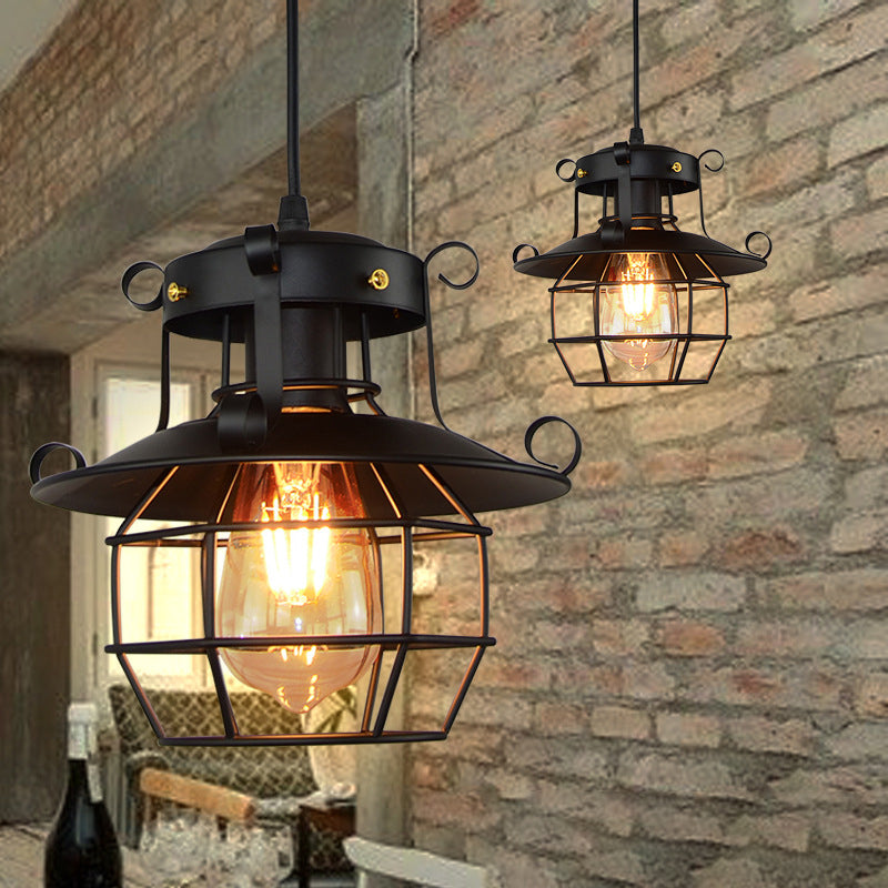 Lustre suspendu à 1 lumière avec cadre en fer hexagonal industriel contemporain pour salon 