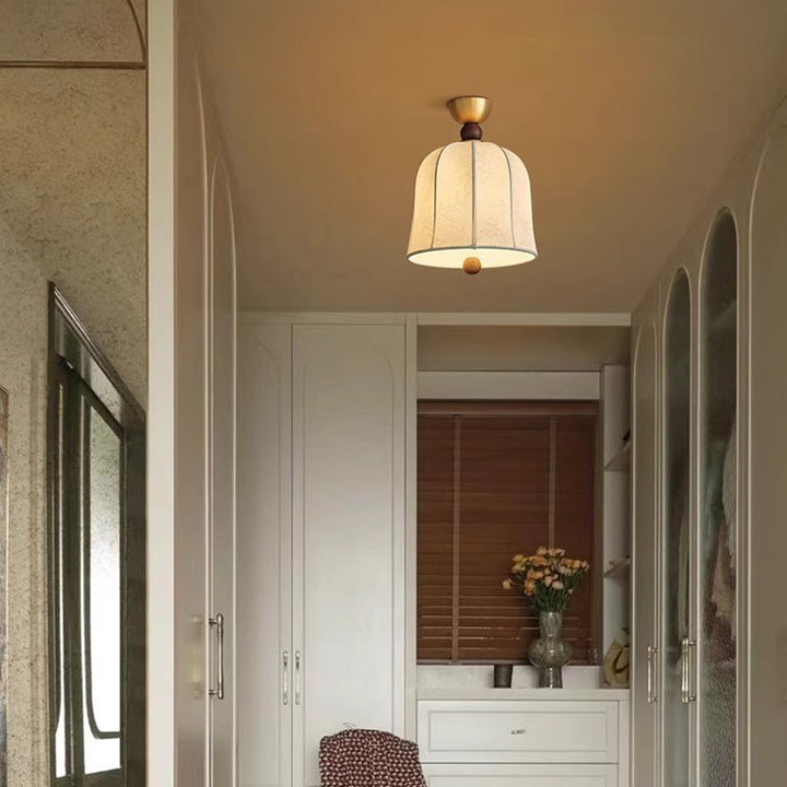 Forme de cage à oiseaux ronde traditionnelle en tissu, bois et métal, plafonnier semi-encastré 1 lumière pour salon 