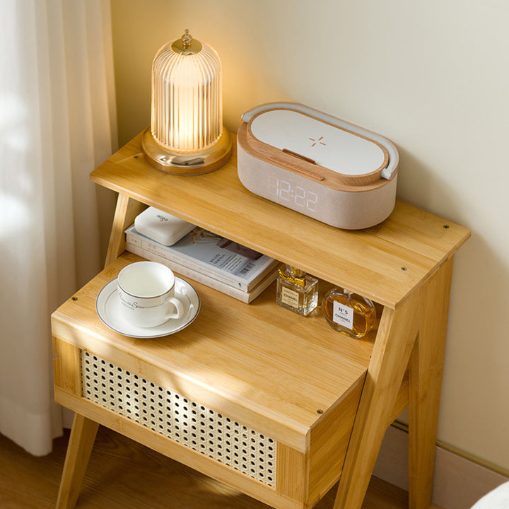 Moderner minimalistischer rechteckiger Bambus-ABS-Beistelltisch 2-stufig 1-Speicher für das Schlafzimmer 