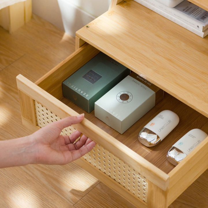 Moderner minimalistischer rechteckiger Bambus-ABS-Beistelltisch 2-stufig 1-Speicher für das Schlafzimmer 