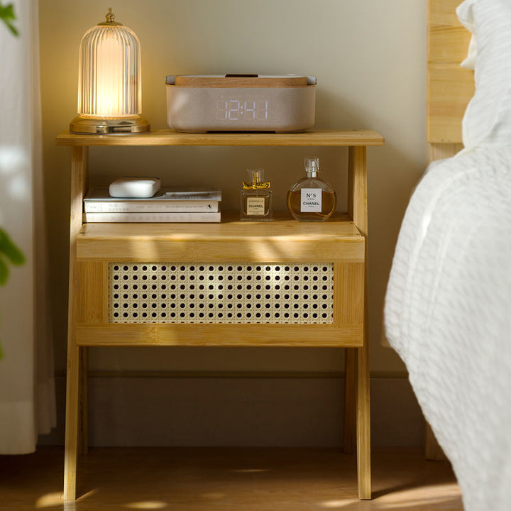 Moderner minimalistischer rechteckiger Bambus-ABS-Beistelltisch 2-stufig 1-Speicher für das Schlafzimmer 