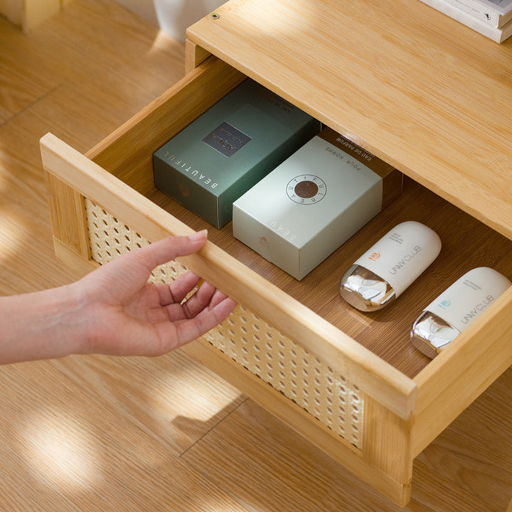 Moderner minimalistischer rechteckiger Bambus-ABS-Beistelltisch 2-stufig 1-Speicher für das Schlafzimmer 