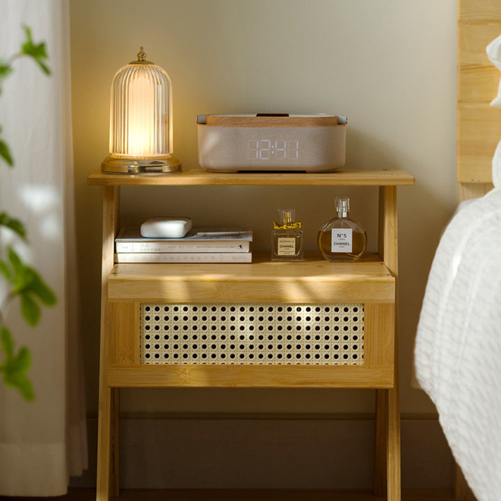 Moderner minimalistischer rechteckiger Bambus-ABS-Beistelltisch 2-stufig 1-Speicher für das Schlafzimmer 