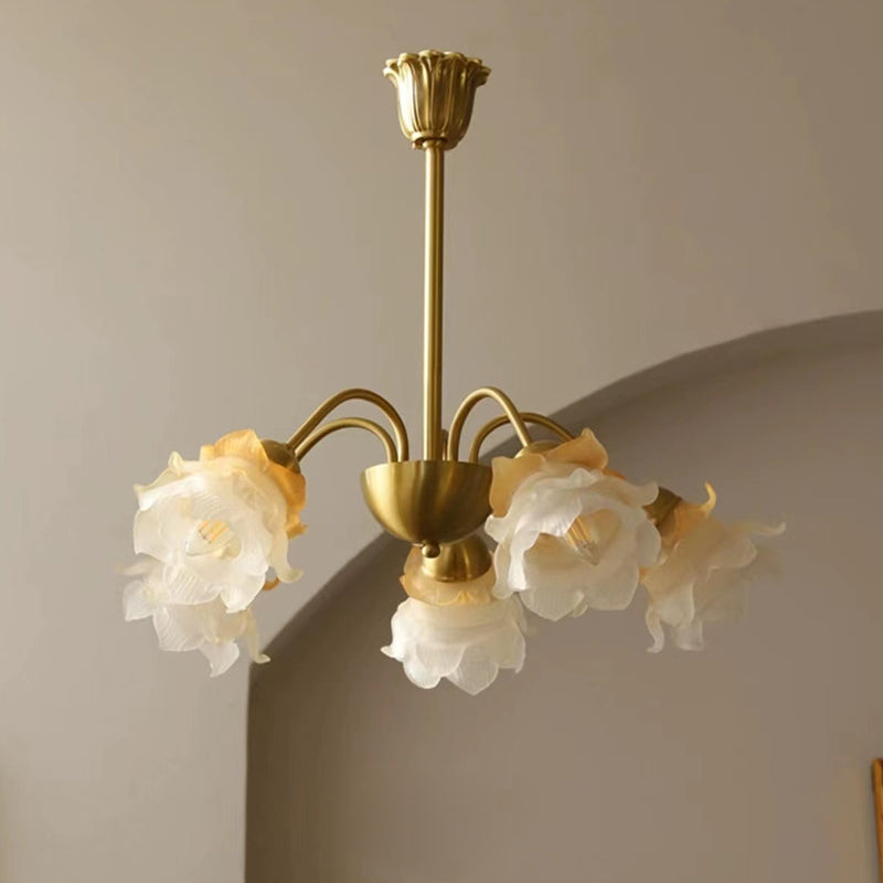 Lustre traditionnel français à tige courbée avec fleurs de rose en cuivre et verre 5/6/8 lumières pour salon 