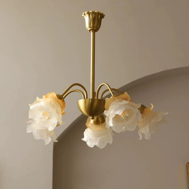 Lustre traditionnel français à tige courbée avec fleurs de rose en cuivre et verre 5/6/8 lumières pour salon 