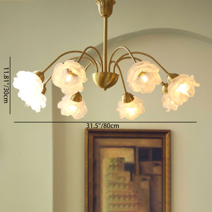 Lustre traditionnel français à tige courbée avec fleurs de rose en cuivre et verre 5/6/8 lumières pour salon 