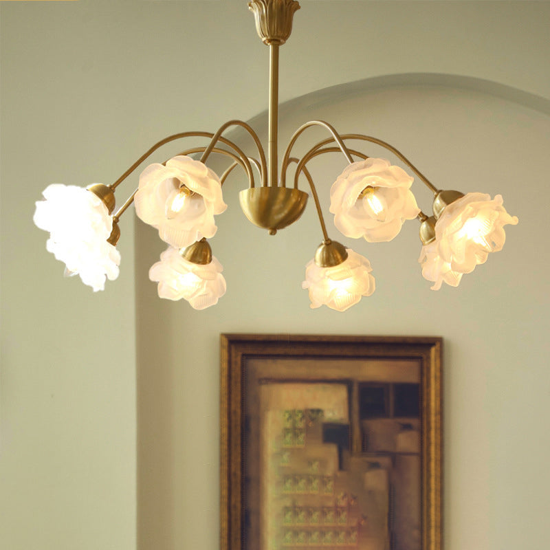 Lustre traditionnel français à tige courbée avec fleurs de rose en cuivre et verre 5/6/8 lumières pour salon 