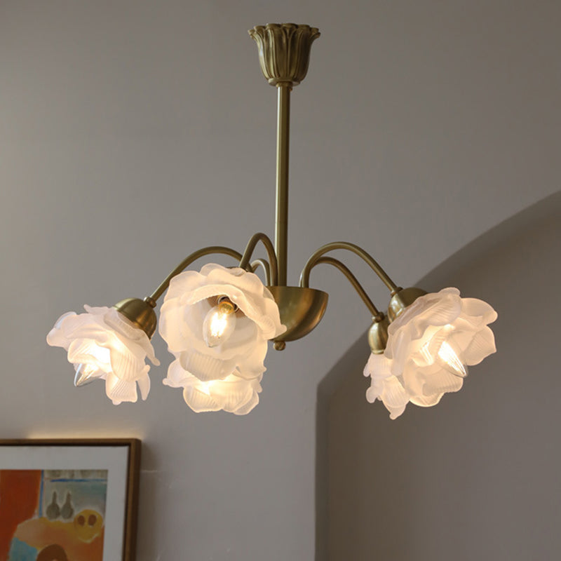 Lustre traditionnel français à tige courbée avec fleurs de rose en cuivre et verre 5/6/8 lumières pour salon 