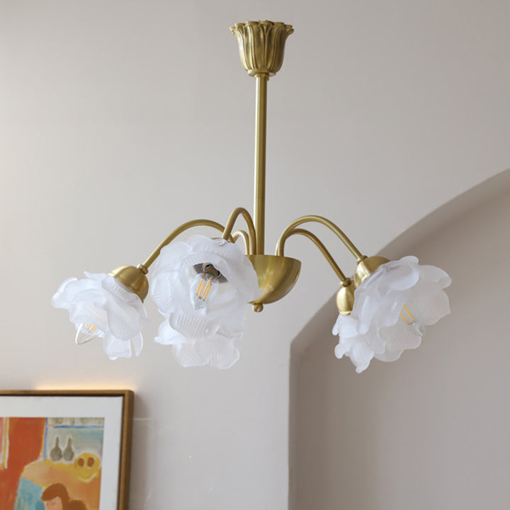 Lustre traditionnel français à tige courbée avec fleurs de rose en cuivre et verre 5/6/8 lumières pour salon 