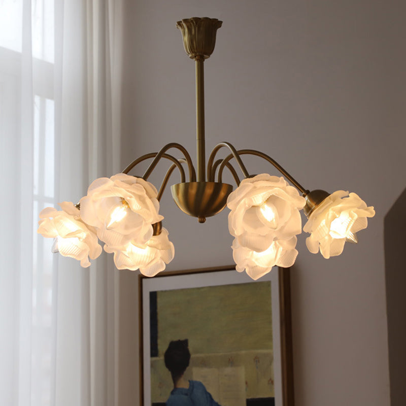 Lustre traditionnel français à tige courbée avec fleurs de rose en cuivre et verre 5/6/8 lumières pour salon 
