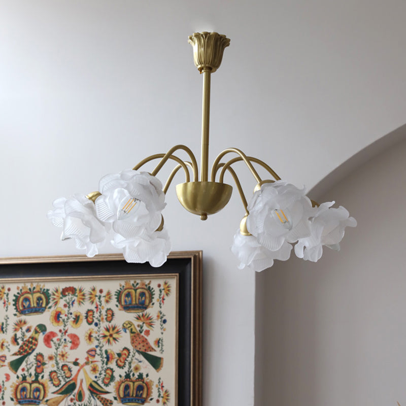 Lustre traditionnel français à tige courbée avec fleurs de rose en cuivre et verre 5/6/8 lumières pour salon 