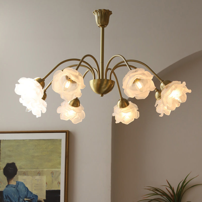 Lustre traditionnel français à tige courbée avec fleurs de rose en cuivre et verre 5/6/8 lumières pour salon 