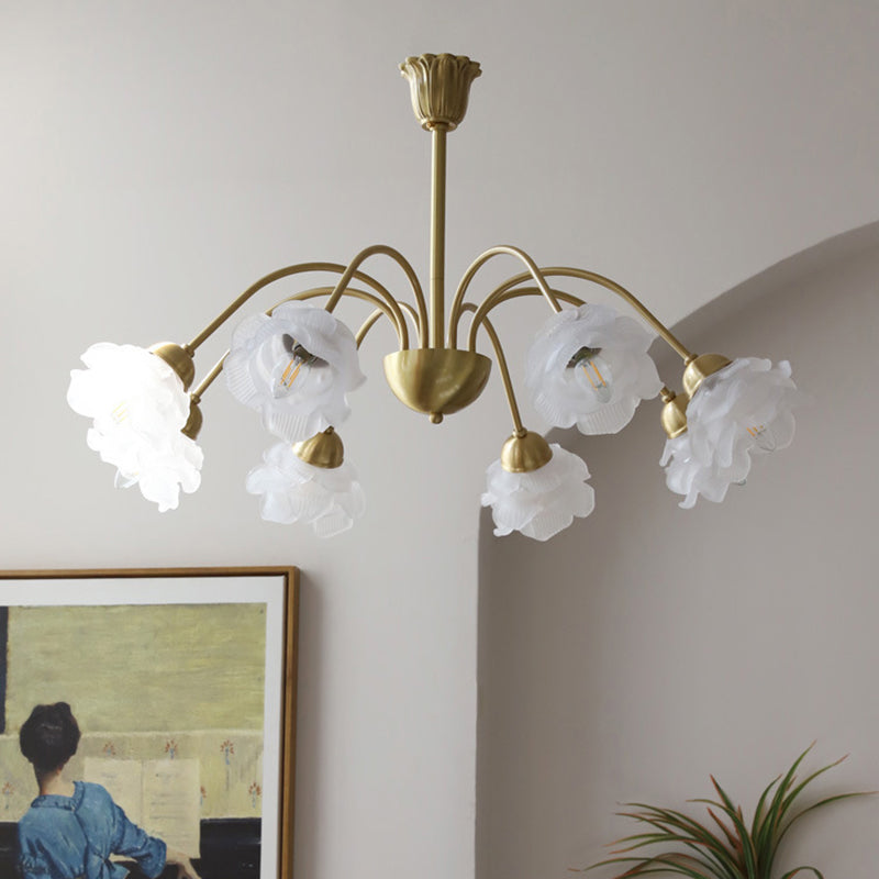 Lustre traditionnel français à tige courbée avec fleurs de rose en cuivre et verre 5/6/8 lumières pour salon 
