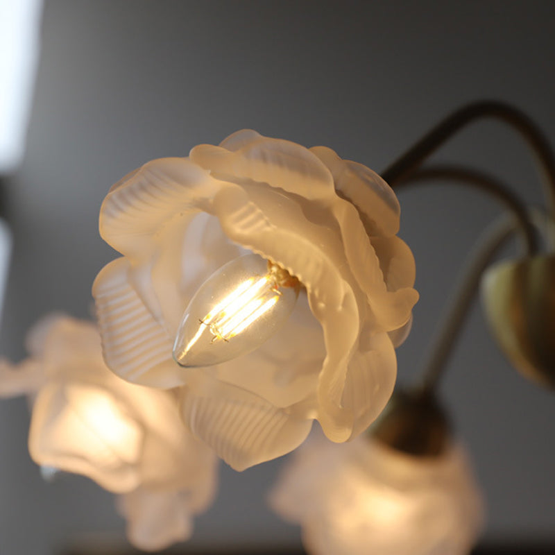 Lustre traditionnel français à tige courbée avec fleurs de rose en cuivre et verre 5/6/8 lumières pour salon 