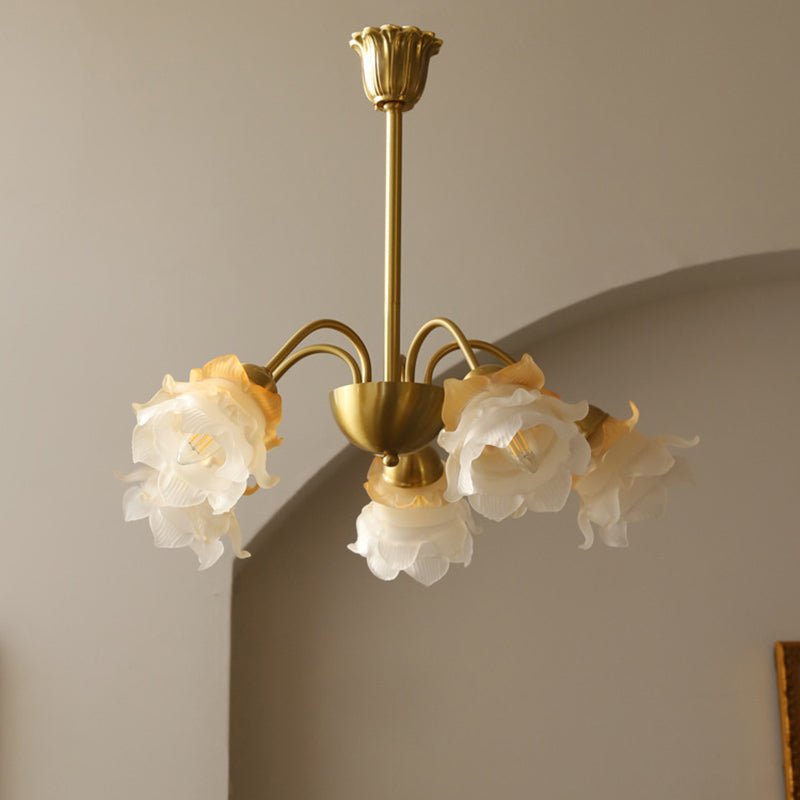 Lustre traditionnel français à tige courbée avec fleurs de rose en cuivre et verre 5/6/8 lumières pour salon 