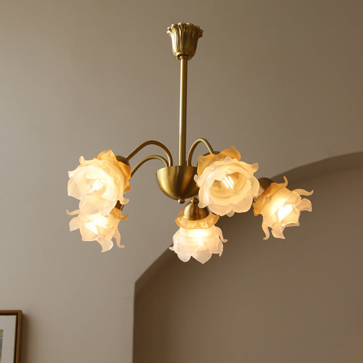 Lustre traditionnel français à tige courbée avec fleurs de rose en cuivre et verre 5/6/8 lumières pour salon 
