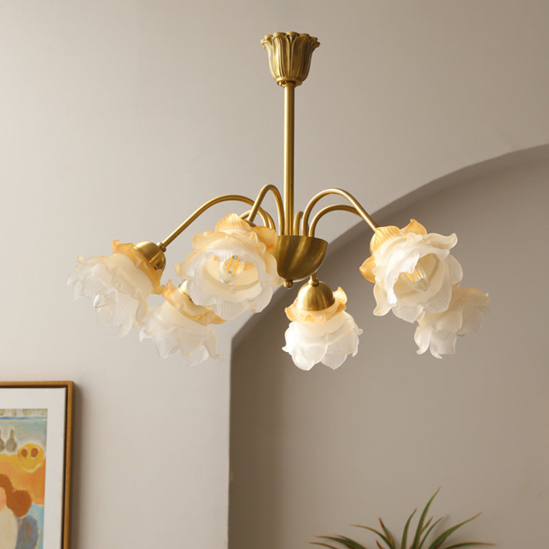 Lustre traditionnel français à tige courbée avec fleurs de rose en cuivre et verre 5/6/8 lumières pour salon 