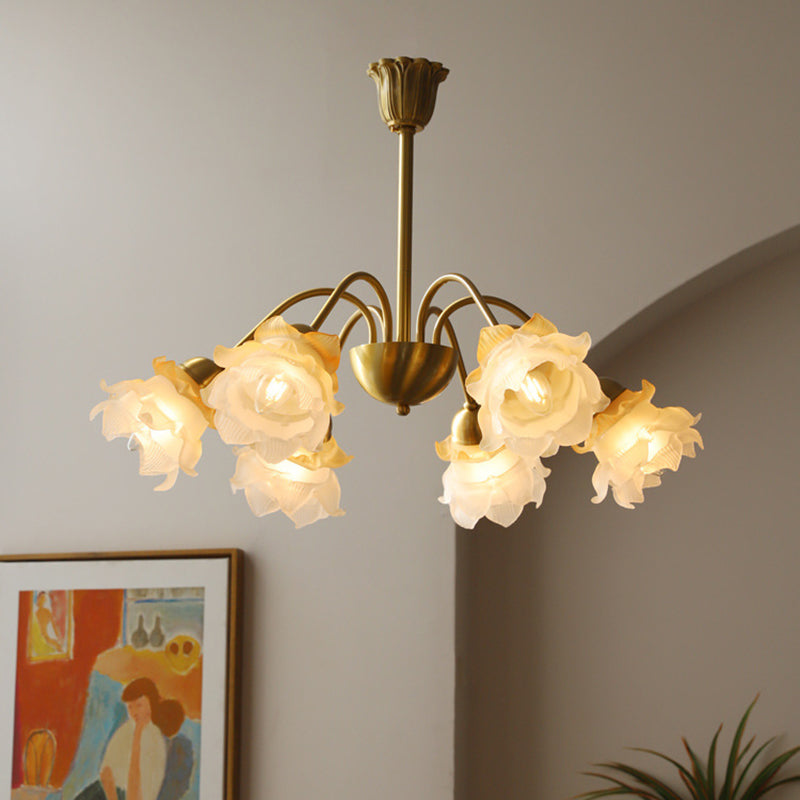 Lustre traditionnel français à tige courbée avec fleurs de rose en cuivre et verre 5/6/8 lumières pour salon 