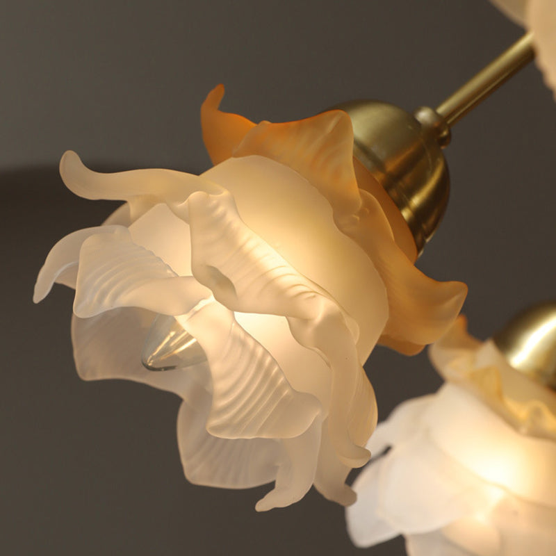 Lustre traditionnel français à tige courbée avec fleurs de rose en cuivre et verre 5/6/8 lumières pour salon 