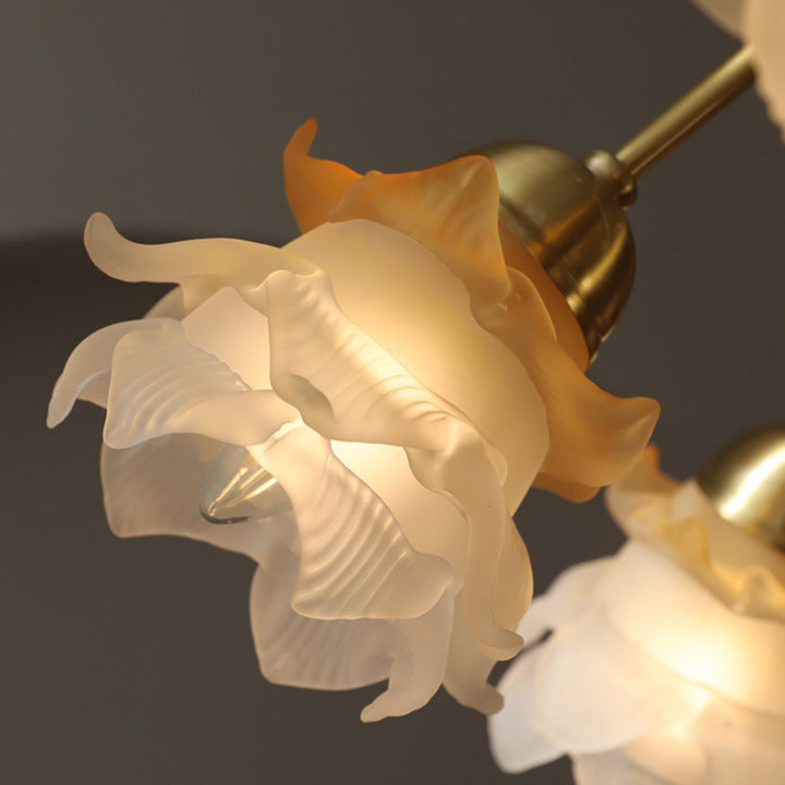 Lustre traditionnel français à tige courbée avec fleurs de rose en cuivre et verre 5/6/8 lumières pour salon 