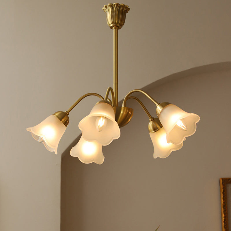 Lustre traditionnel français à tige courbée avec fleurs de rose en cuivre et verre 5/6/8 lumières pour salon 