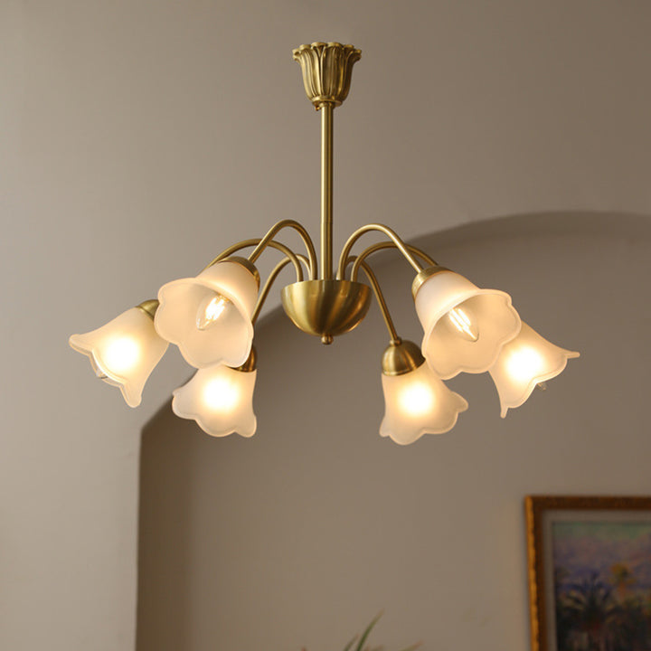 Lustre traditionnel français à tige courbée avec fleurs de rose en cuivre et verre 5/6/8 lumières pour salon 